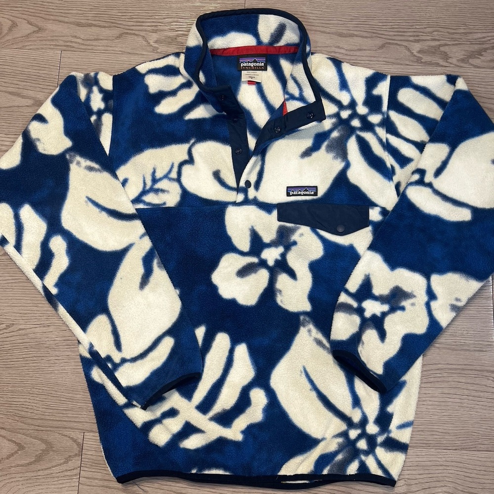 Patagonia Synchilla Snap T Fleece Pullover Blue Floral Hibiscus Hawaiian Sz S